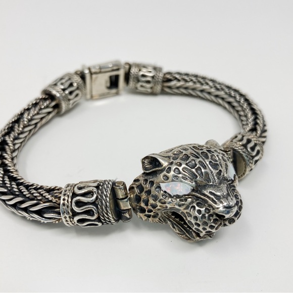 Bali Handmade Bracelet Sterling Silver .925 Men Cheetah white Eyes - Picture 2 of 5